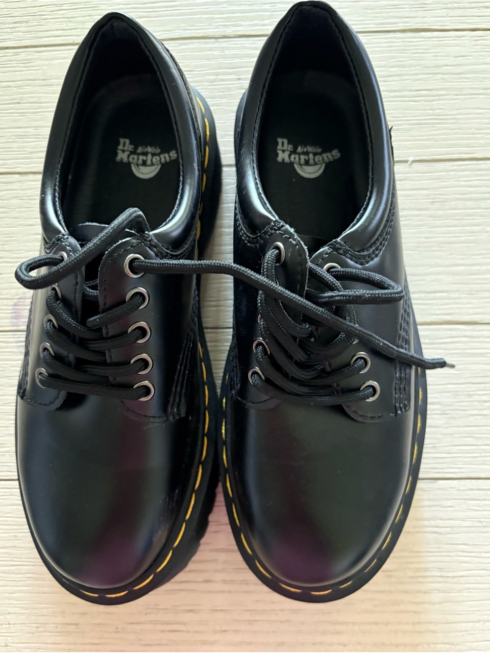 Dr. Martens Black 5-Eye Lace-Up Oxfords with Yellow Stitching